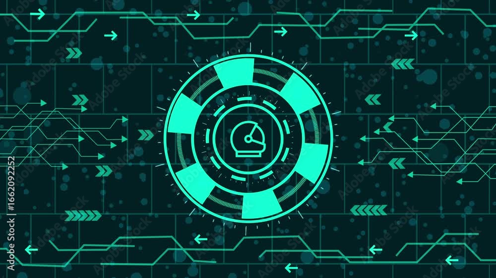 Poster cuttingedge technology interface showcasing a helmet icon, set against a circuit board background, w