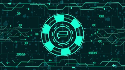 message icon  animation ,Futuristic hud interface concept with glowing chat icon in the center, surrounded by digital circuit board elements. - Powered by Adobe