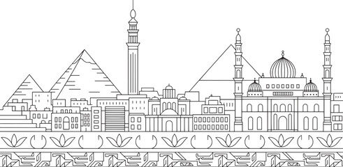 Obraz premium Detailed Cairo Skyline Vector Illustration with Pyramids and Landmarks in Outline Style on Transparent