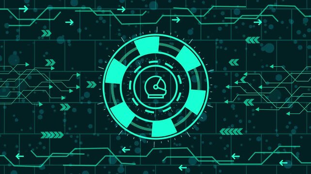 Cuttingedge technology interface showcasing a helmet icon, set against a circuit board background, with data streams, digital networks, communication systems, and sleek design