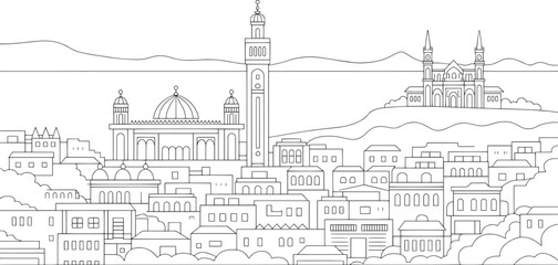Fototapeta premium Detailed Cityscape Outline Vector Illustration with Architectural Landmarks and Urban Skyline Design