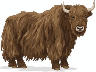 Brown shaggy yak standing on a white background, showcasing its thick fur, curved horns, and sturdy build, representing the beauty of wildlife and nature