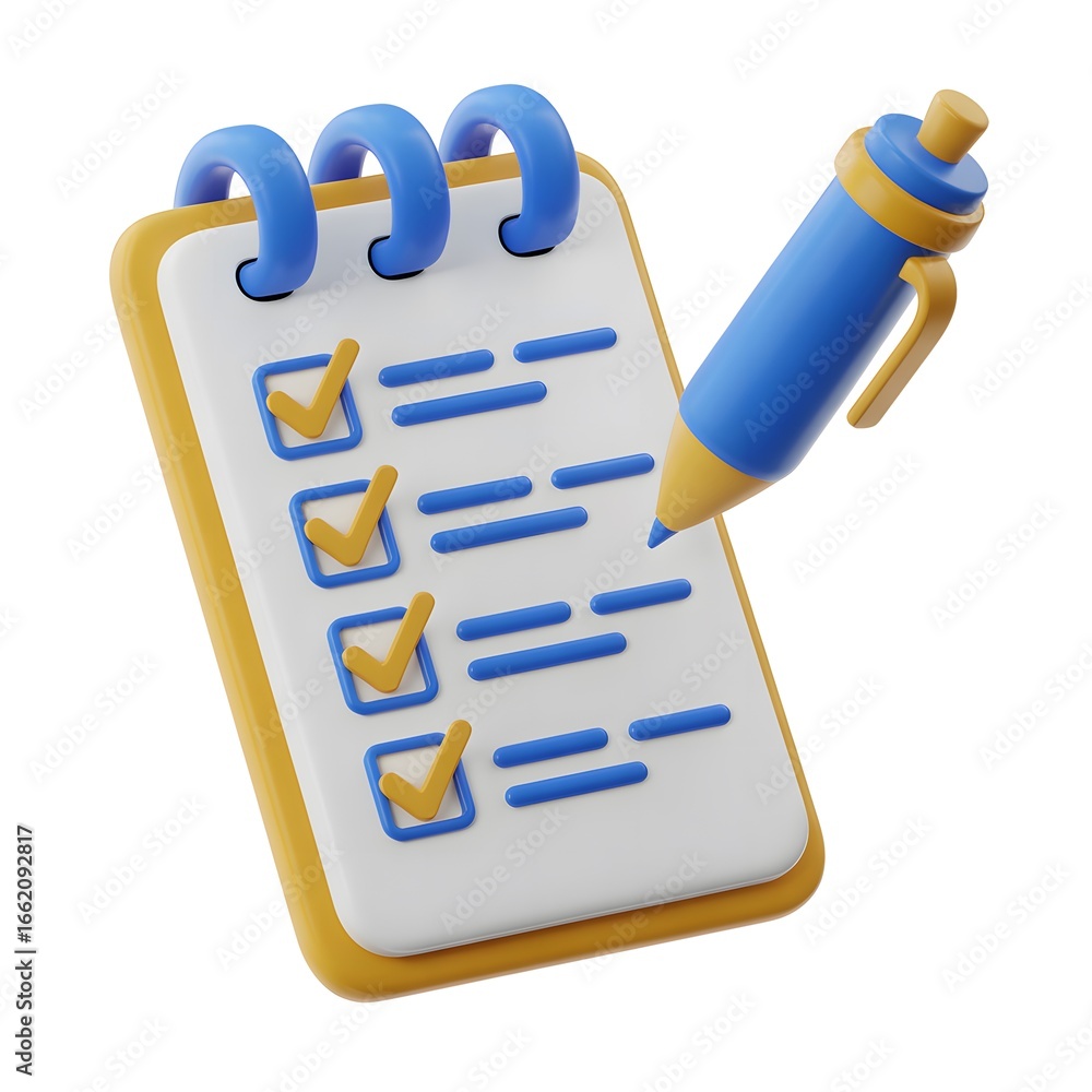 Poster checking off tasks a 3d rendered notebook and pen illustration for task management and productivity