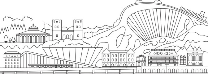 Fototapeta premium Detailed Outline of a Cityscape with Bridges, Buildings, and Roller Coaster Against a Transparent Backdrop
