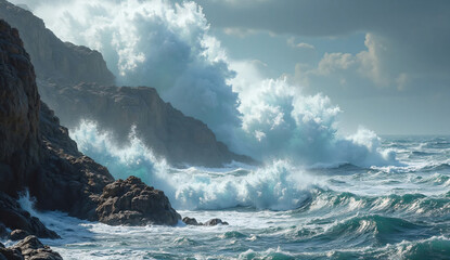 Powerful ocean waves hitting rocky coast