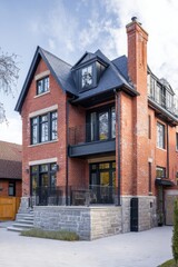 Fototapeta premium This stunning brick house features a contemporary design and a welcoming balcony, perfectly located in a charming residential neighborhood on a bright, sunny day