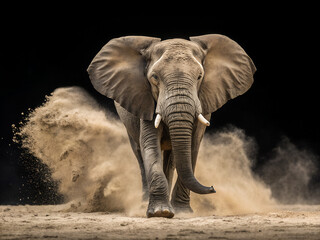 An elephant charges forward through a cloud of swirling dust against a dark background
