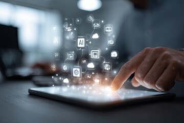 A hand interacts with a tablet displaying a network of digital icons.  Blurred office background