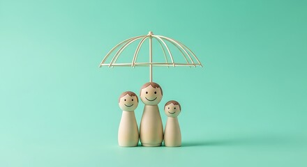 Smiling wooden family figures sheltered by an umbrella. A conceptual metaphor for life insurance, financial protection, and family security