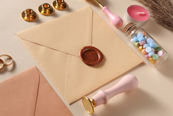 Wedding invitation stationery set. Envelopes with sealing wax, vintage stamp and gold rings, dry grass on beige background