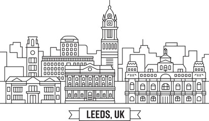 Obraz premium Leeds, UK Skyline Outline Vector Illustration with Historical Buildings and Cityscape Details
