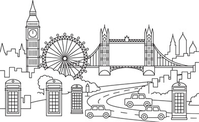 Fototapeta premium London Skyline Outline Vector Illustration Cityscape Silhouette with Landmarks and Monuments