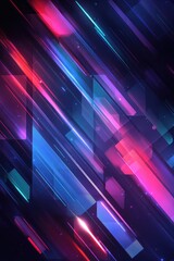 Fototapeta premium Abstract digital art featuring diagonal streaks of vibrant pink, blue, and teal light against a dark background, interspersed with glowing geometric shapes and sparkles