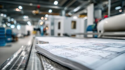 Close up view of technical drawings in an industrial workshop setting
