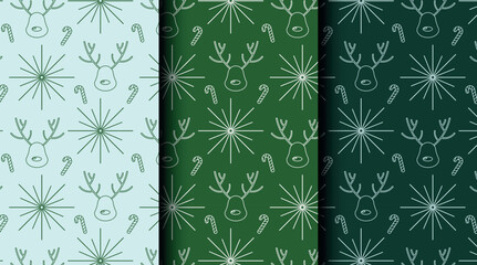 Holiday seamless pattern set with Christmas elements. Vector design with three color options for festive cards, packaging, and textile.