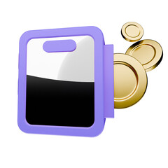 A purple digital wallet or device with a partially filled screen, from which several shiny gold coins are emerging, symbolizing financial transactions or digital currency.