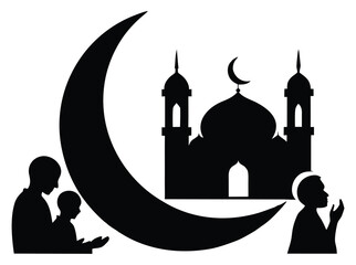 Eid Mubarak illustration of Islamic symbol with Mosque and praying people silhouettes