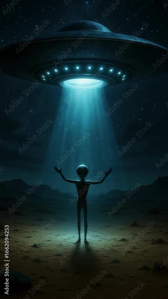 Poster a mysterious alien under a hovering ufo with a beam of light, captured from a low angle. the scene e