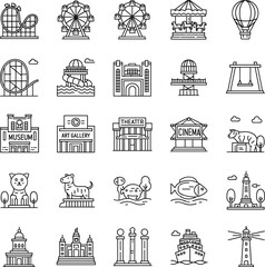 Naklejka premium Amusement park and city landmark icon set, cultural attractions, entertainment, tourism vector line icons for travel, adventure, and recreation
