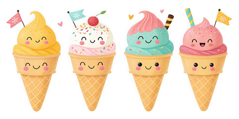 Four adorable kawaii ice cream cones with happy faces isolated on transparent background
