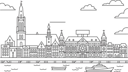 Fototapeta premium Riga Skyline Silhouette Vector Illustration with Cityscape Outline Design and River View