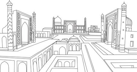 Samarkand Uzbekistan Skyline Linear Silhouette with Islamic Architecture and Courtyards