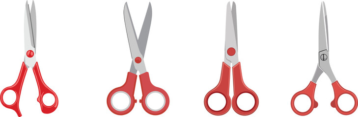 Vector Illustration of Four Red Handle Scissors Isolated on White Background, Different Designs for Office, School, Sewing, and Craft Use