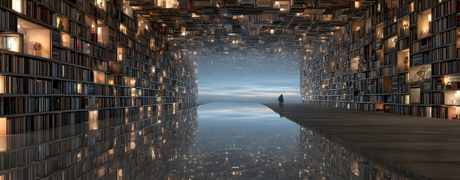 A digital library of the future with endless bookshelves merging into a luminous virtual world, embodying the immense scope of online knowledge - Powered by Adobe