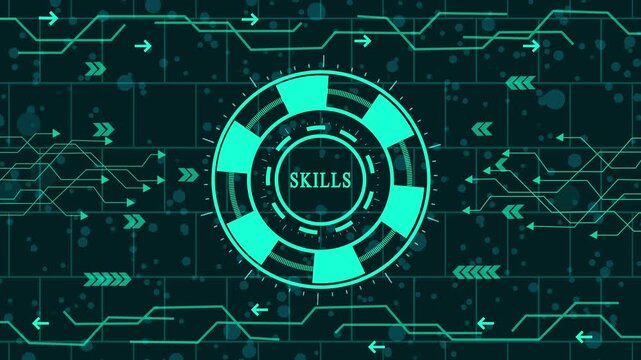 Skills concept with futuristic user interface elements on a dark background, representing the importance of continuous learning and development in todays world