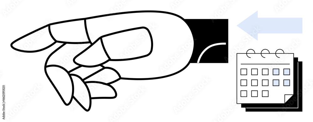 Poster robotic hand pointing at calendar page with leftward arrow emphasizing automation, scheduling, and f