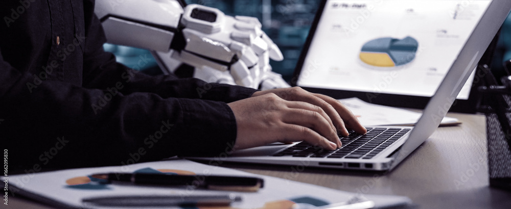 Poster a modern workspace where ai technology assists in marketing research and strategic planning, emphasi