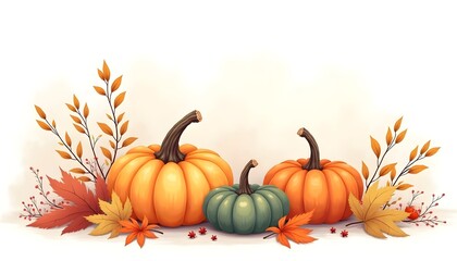 Pumpkins and autumn leaves on white background for fall-themed designs, seasonal celebrations, and Thanksgiving promotions
