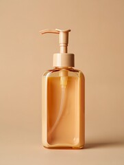Clear glass pump bottle with golden liquid against a soft beige background