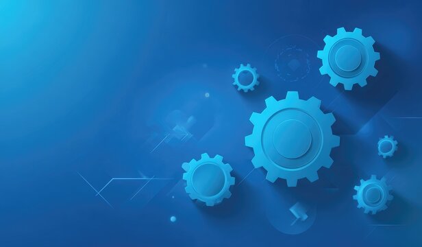 Abstract blue background with various sized gears, casting shadows, suggesting technological innovation and intricate mechanics