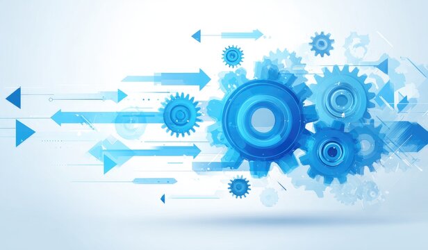 Abstract digital illustration of interconnected blue gears and arrows on a light blue background, suggesting technological progress and efficiency