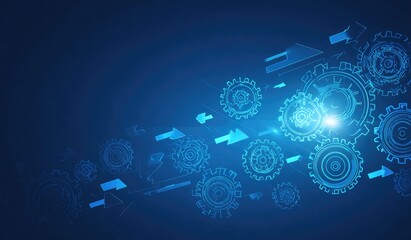 Abstract blue tech background featuring interconnected gears, arrows, and glowing light, suggesting innovation and technological processes
