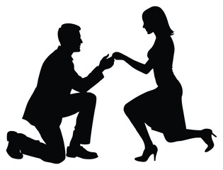 Romantic marriage proposal silhouette of man kneeling before woman on white background