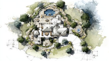 Aerial architectural rendering of a modern residential estate with pool and landscape design