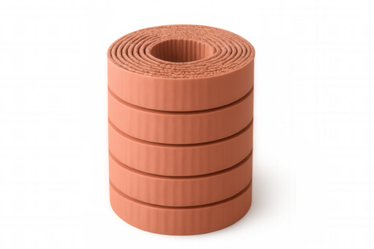 Orange yoga mat tightly rolled, lying flat against transparent backdrop, highlighting fitness preparedness