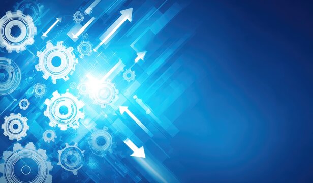 Abstract blue tech background with white gears, arrows, and glowing light, suggesting growth, progress, and innovation in a digital or technological context