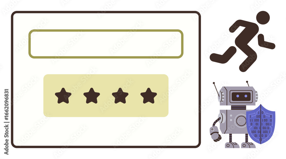 Poster captcha securing user access with star ratings, robot character, shield, and running figure. ideal f