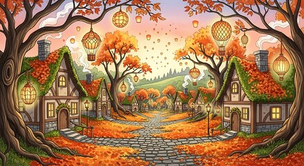 Whimsical Autumn Village Landscape with Cozy Cottages, Golden Trees, and Glowing Lanterns at Sunset - Enchanting Fall Fairytale Illustration