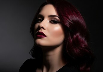 Fototapeta premium A stunning portrait of a woman with dark red hair and dramatic makeup, gazing confidently.