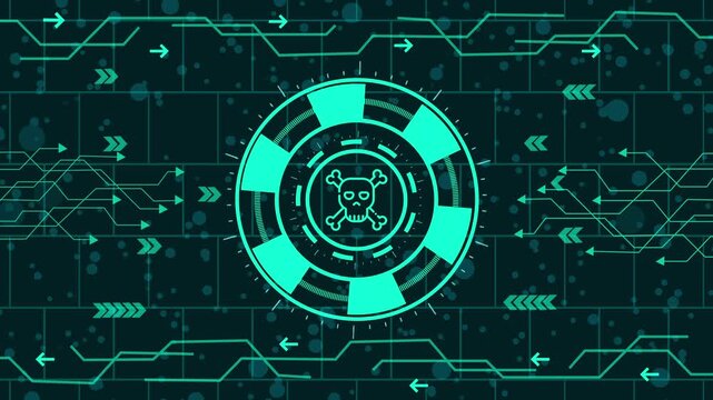 Cybersecurity threat concept with skull and crossbones in a digital circuit, representing online security risks, data breaches, and potential cyber attacks on computer systems