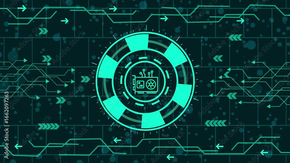 Poster futuristic hud interface element with chip, digital display, and glowing neon style, perfect for mod