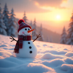 Cheerful Snowman at Winter Sunset