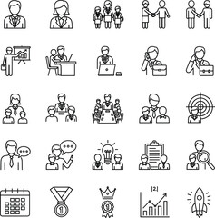 Business and team management icon set, leadership, communication, success, teamwork, planning, analytics, businesswoman, discussion, startup, innovation, coaching, organization