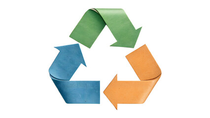 Tri-color recycling symbol with green, blue, and orange arrows – Sustainability icon, eco-conscious branding, abstract environmental message, recycling, sustainability, eco, environment, abstract
