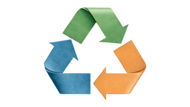 Tri-color recycling symbol with green, blue, and orange arrows – Sustainability icon, eco-conscious branding, abstract environmental message, recycling, sustainability, eco, environment, abstract
