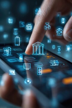 Close-up of a finger interacting with a smartphone displaying banking app icons and financial symbols, suggesting digital banking or online finance